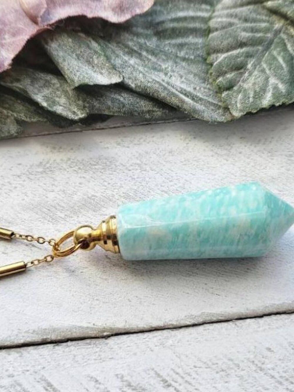 AMAZONITE Crystal Point Necklace Vial Pendant Gold Stainless Steel Chain OS